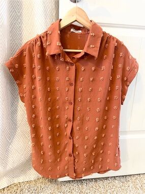 Bothenial Button-Front Granny Core Textured Dot Blouse - Rust Large